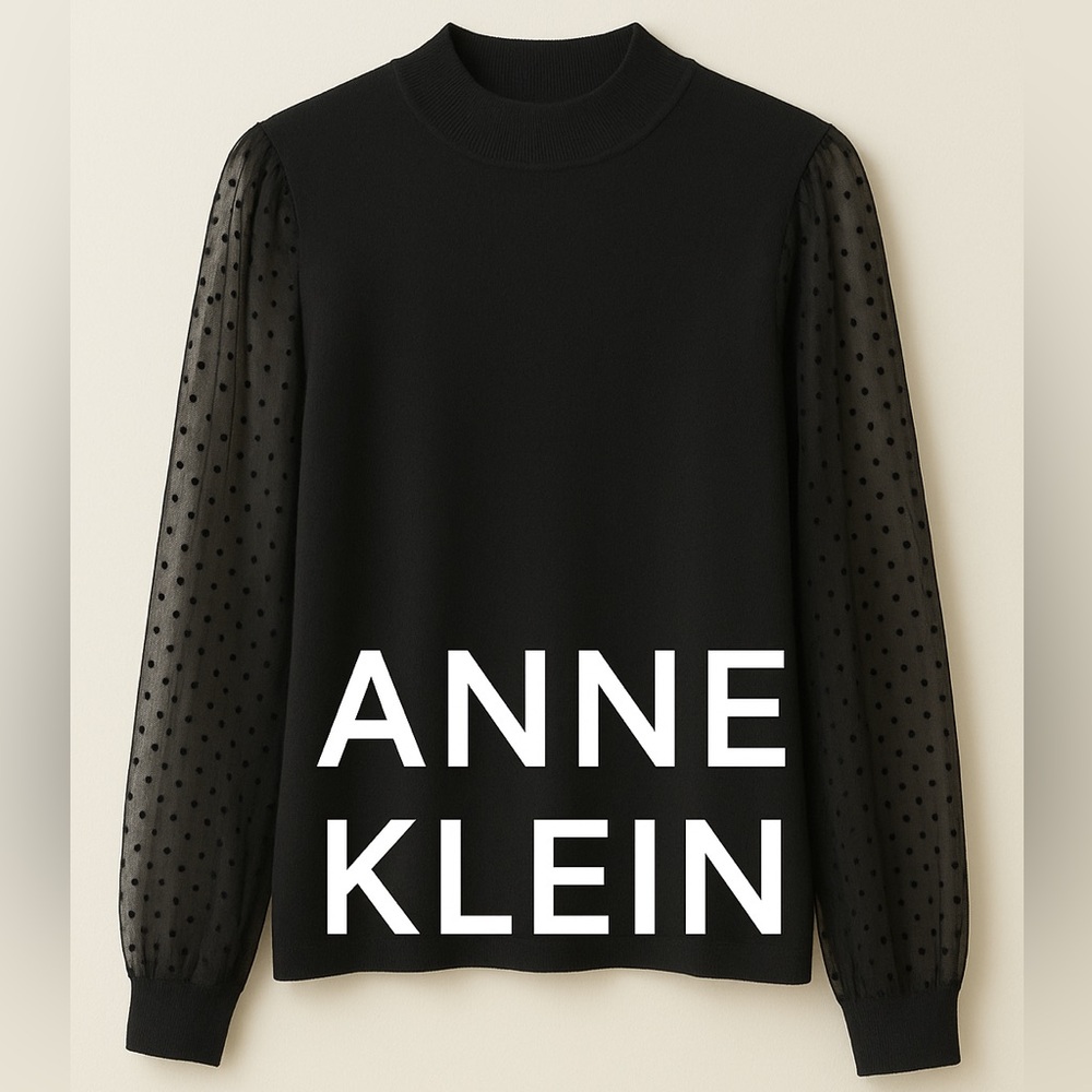 Anne Klein Black Sweater Top with Sheer Polka Dot Sleeves